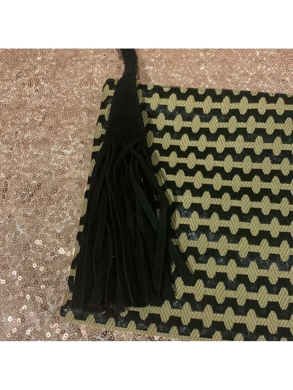 Vintage Reva Black and Tan Fabric Purse With Black Suede Strap and Tassel